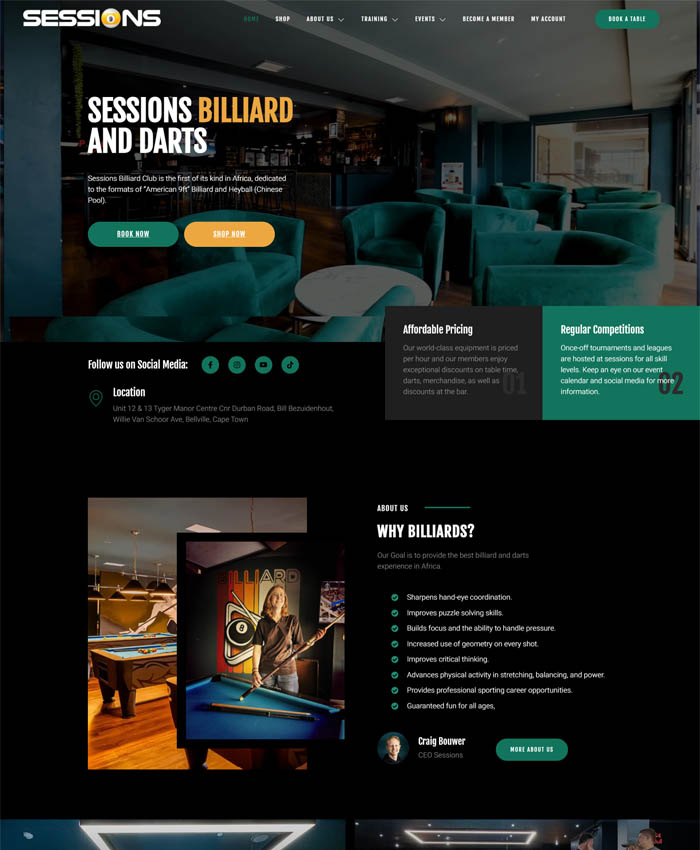 Sessions Billiard Club website showing the venue, booking actions and club information