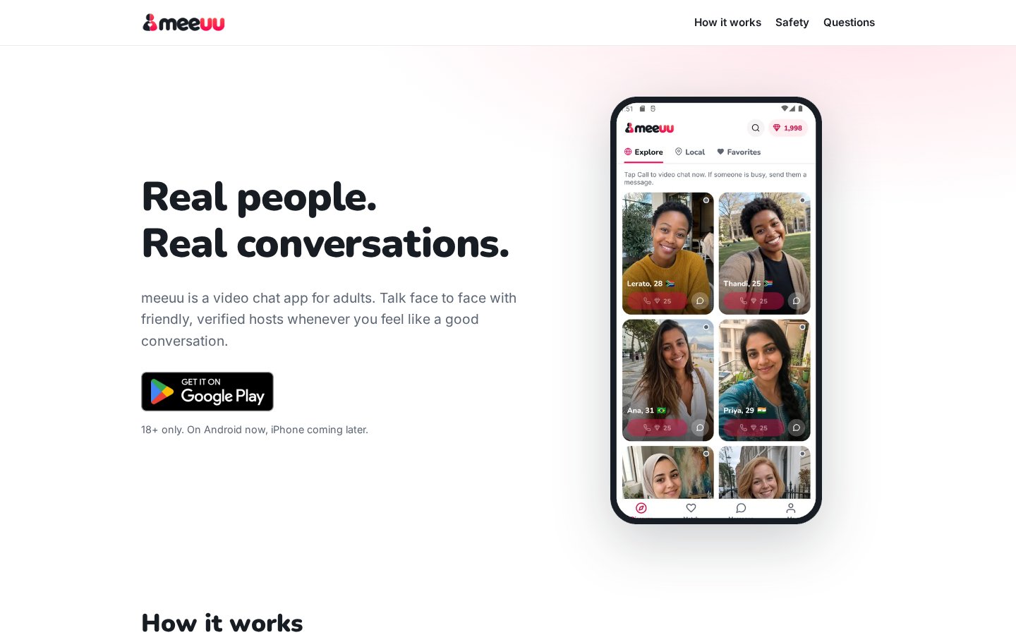 meeuu app website showing the video chat app on a phone