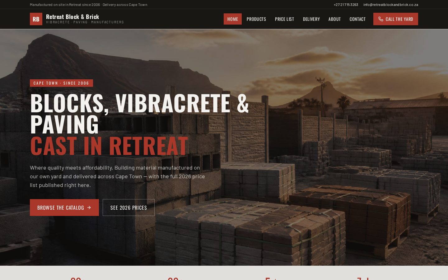 Retreat Block and Brick website showing blocks and paving at the yard
