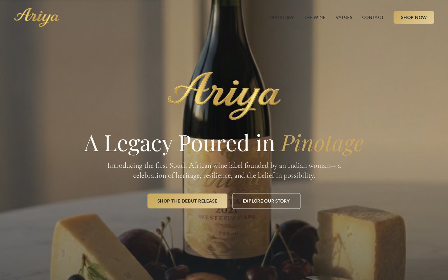 Ariya Wines website showing a bottle of Pinotage