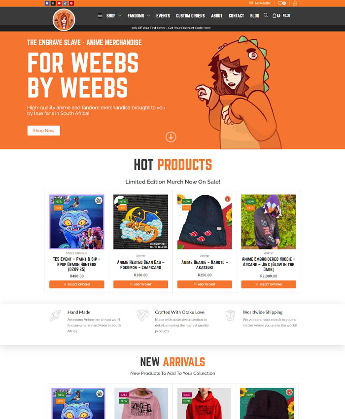 The Engrave Slave ecommerce website showing anime merchandise and featured products